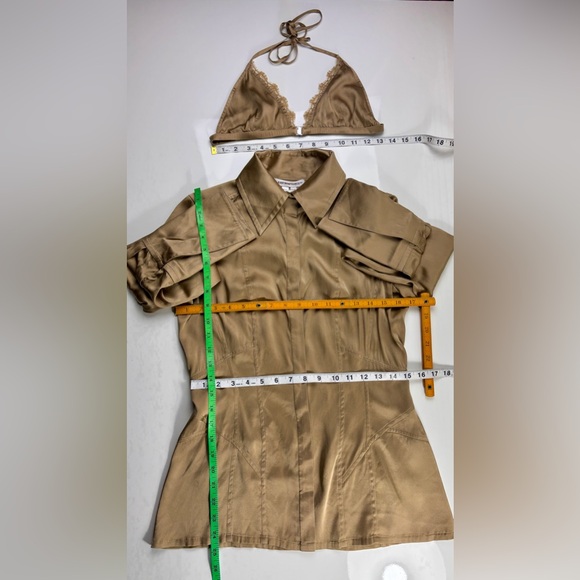 Kaufmanfranco Tan Stretch Silk Button Down Collared Blouse w/ Lace Bralette Sz 8 - Picture 11 of 11